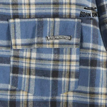 Chrome Heart Check Cotton Long Sleeve Shirt Blue Camiseta