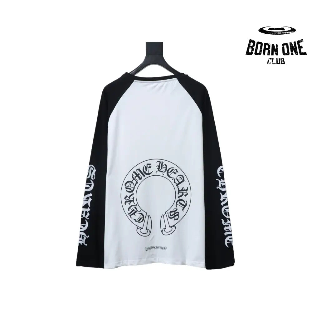 Camiseta Manga Longa Chrome Hearts Raglan Horseshoe Script Branca e Preta