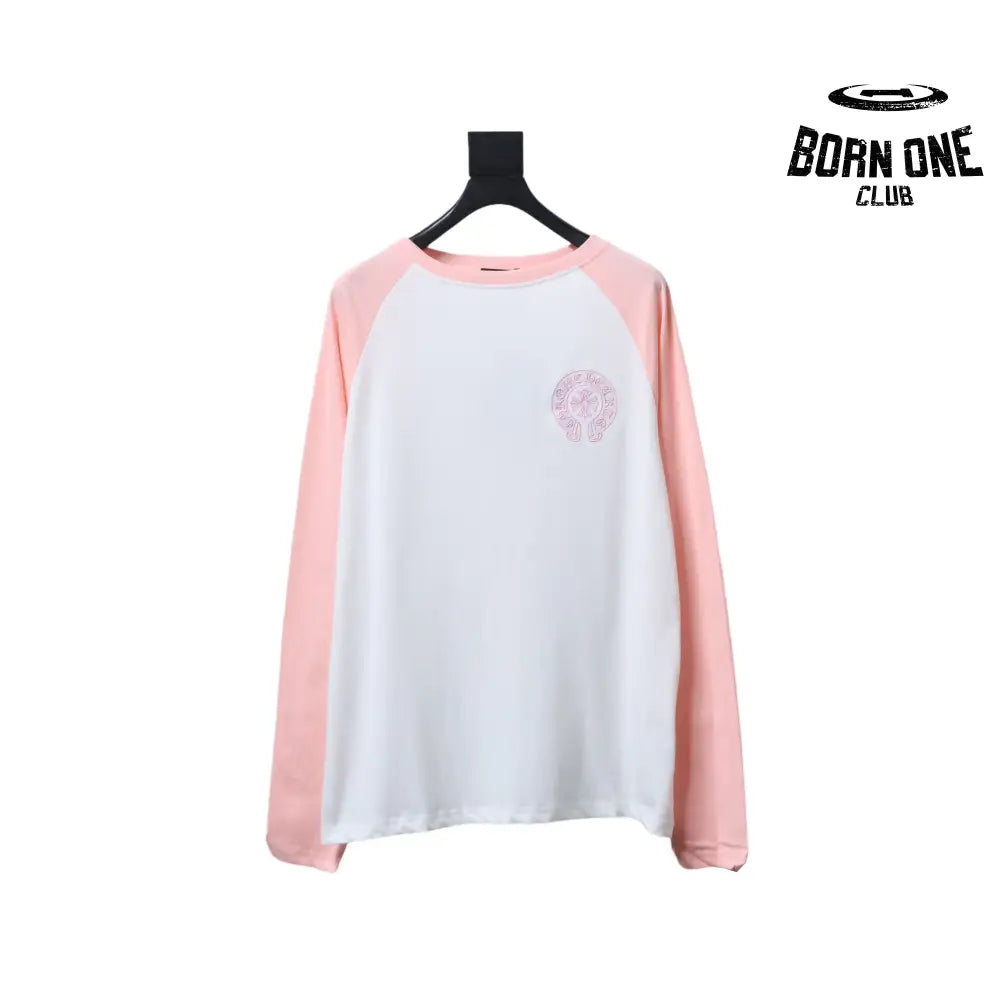Camiseta Manga Longa Chrome Hearts Raglan Pink Horseshoe Rosa e Branca