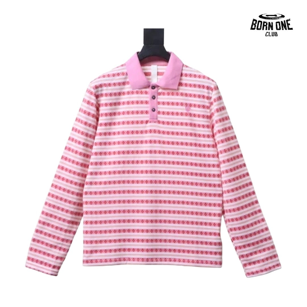 Camiseta Polo Manga Longa Chrome Hearts Striped Rosa