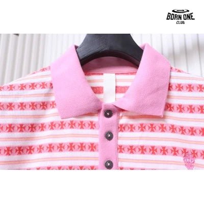 Camiseta Polo Manga Longa Chrome Hearts Striped Rosa