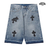 Bermuda Jeans Chrome Hearts Cross Patch Azul Claro