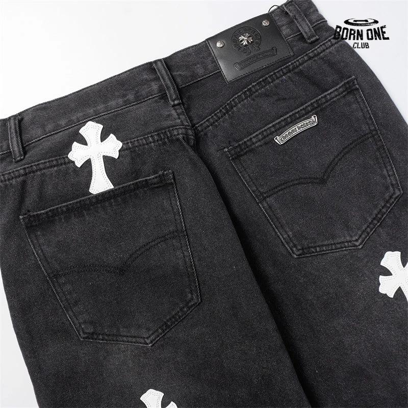 Bermuda Jeans Chrome Hearts Cross Branca Preta