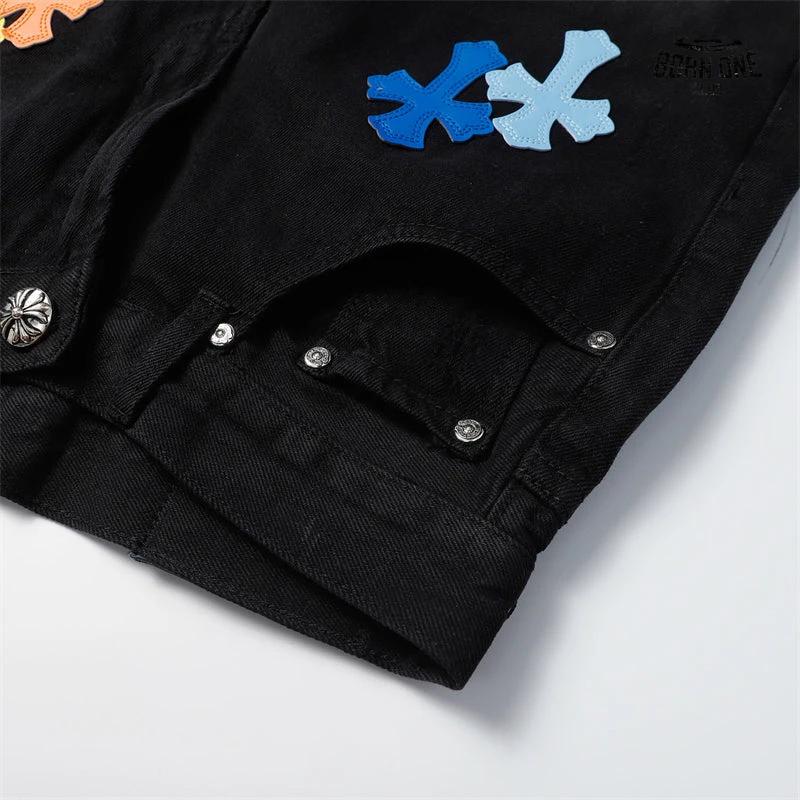 Bermuda Jeans Chrome Hearts Cross Colorida Preta