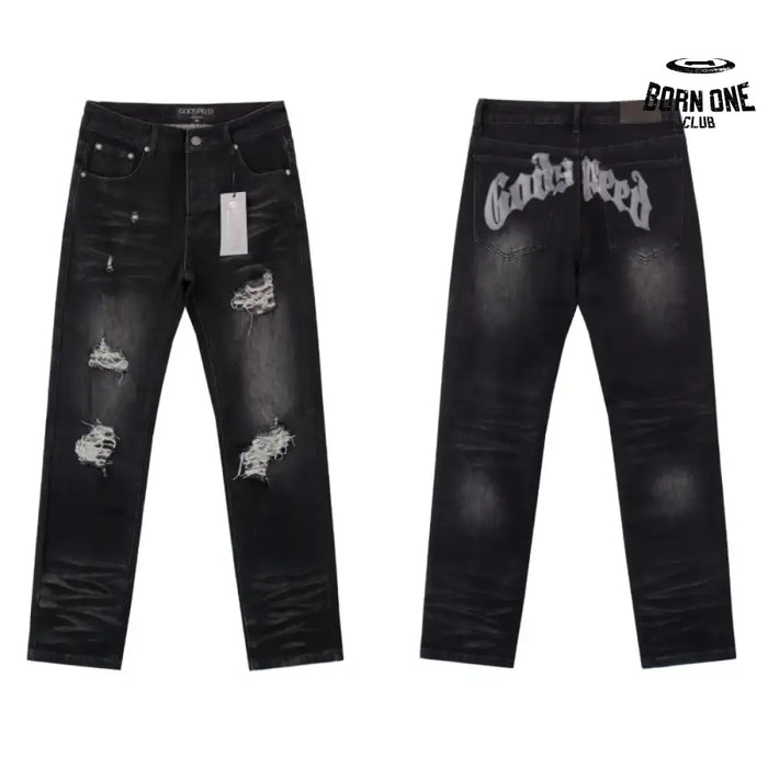 Godspeed Casual Comfort Holes Straight Calça Jeans Black