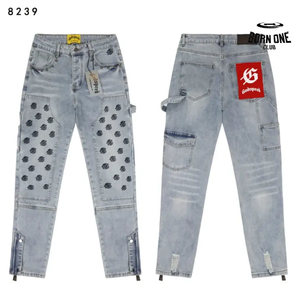 Godspeed Embroidered Multi-Pocket Calça Jeans Blue