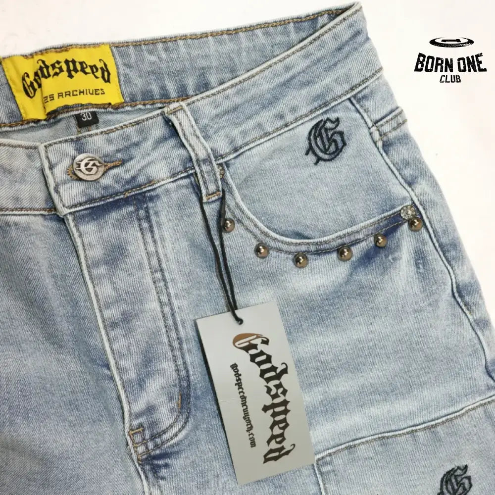 Godspeed Embroidered Multi-Pocket Calça Jeans Blue