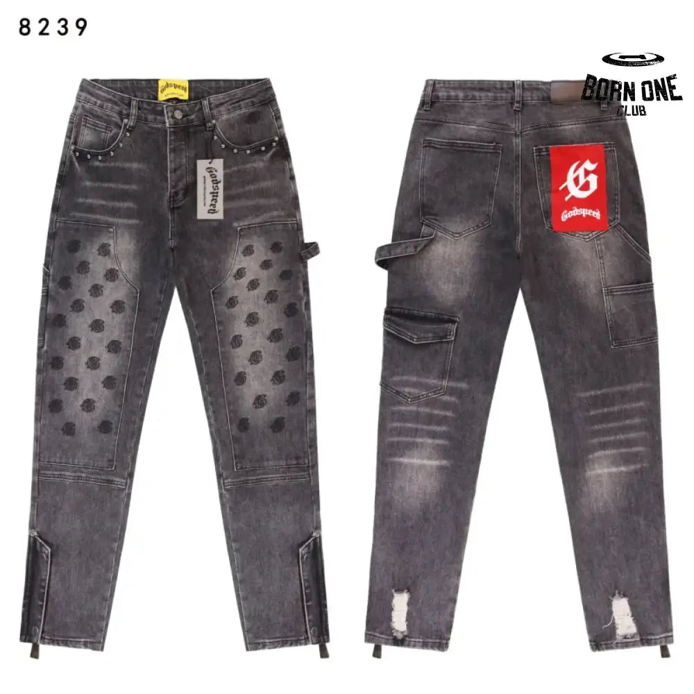 Godspeed Embroidered Multi-Pocket Calça Jeans Smoky Gray