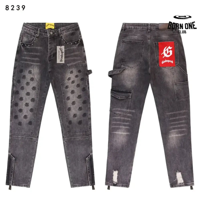 Godspeed Embroidered Multi-Pocket Calça Jeans Smoky Gray