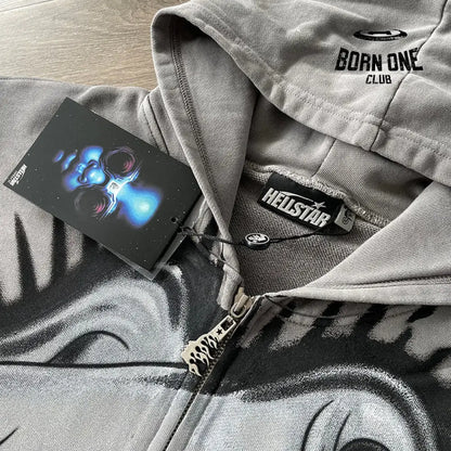 Hellstar Studios Bull Dog Grey Zip Up Hoodie Moletom