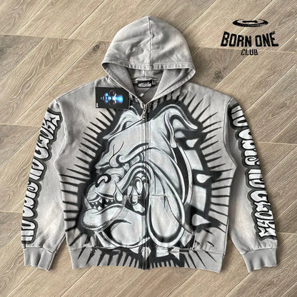 Hellstar Studios Bull Dog Grey Zip Up Hoodie Moletom