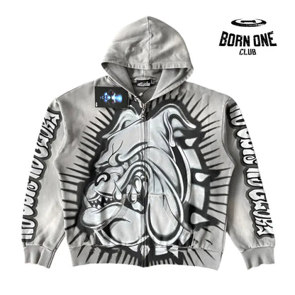 Hellstar Studios Bull Dog Grey Zip Up Hoodie Moletom