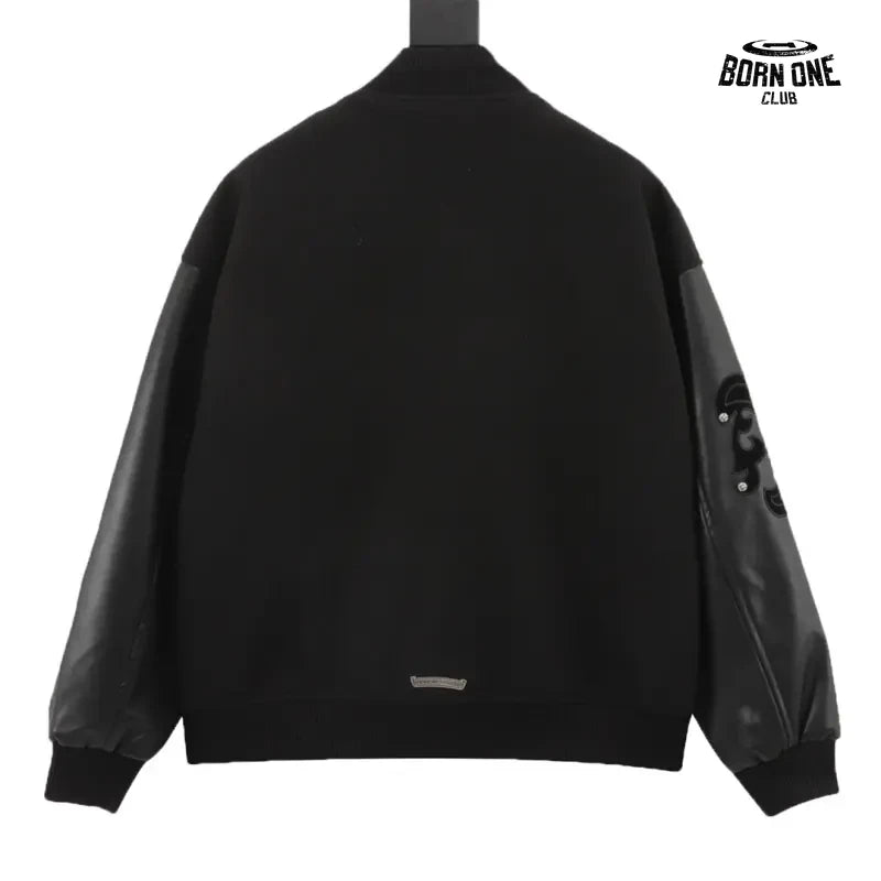 Jaqueta Chrome Hearts Cross Patch Leather Sleeve Varsity Jacket Black