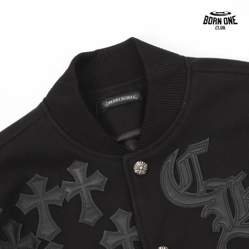 Jaqueta Chrome Hearts Cross Patch Leather Sleeve Varsity Jacket Black