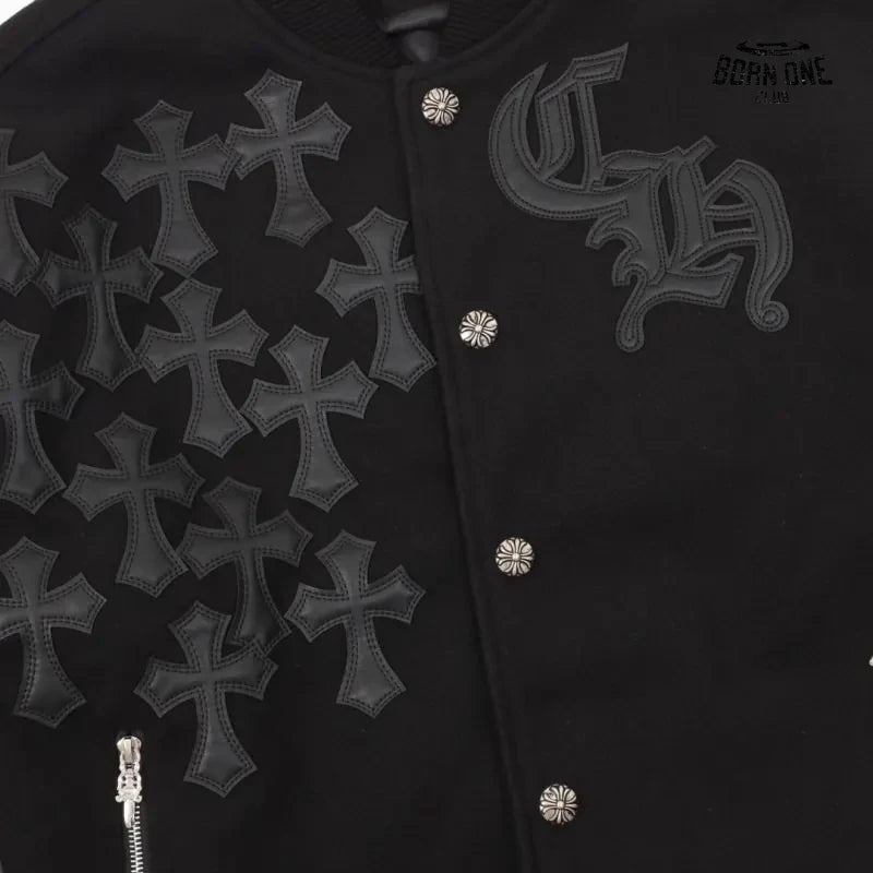 Jaqueta Chrome Hearts Cross Patch Leather Sleeve Varsity Jacket Black