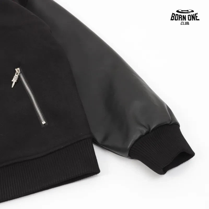 Jaqueta Chrome Hearts Cross Patch Leather Sleeve Varsity Jacket Black