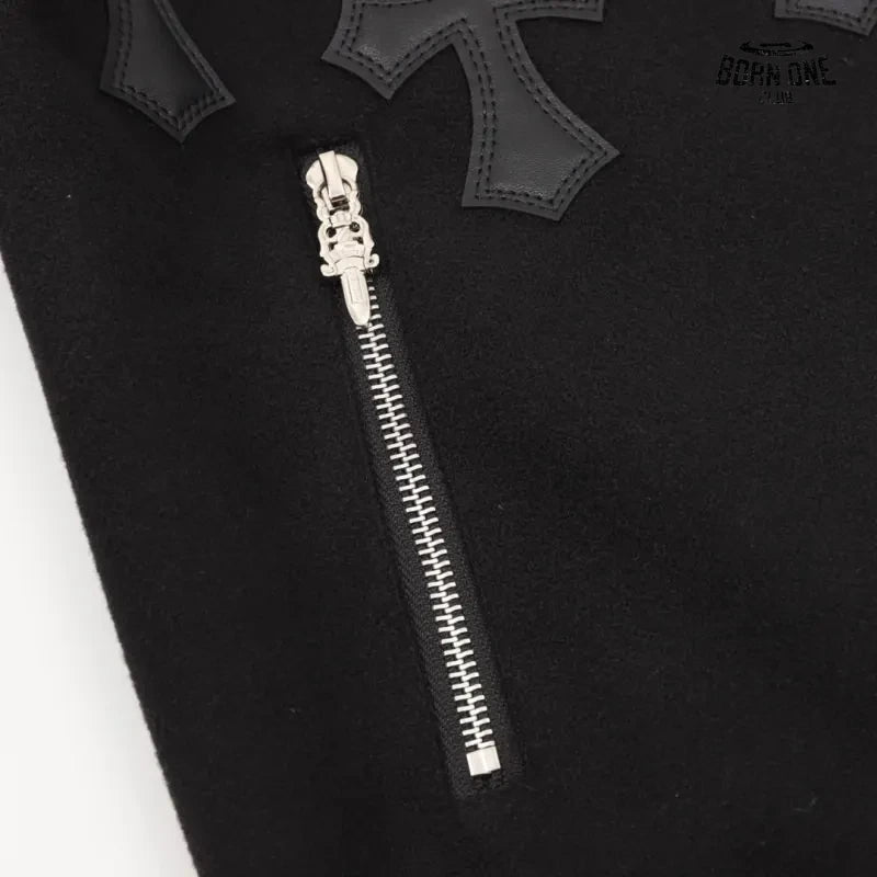 Jaqueta Chrome Hearts Cross Patch Leather Sleeve Varsity Jacket Black