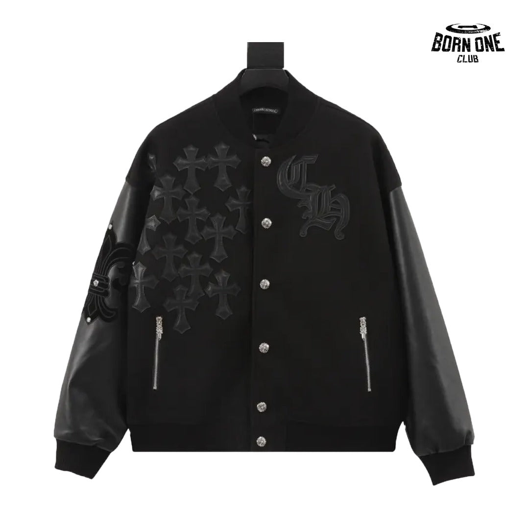 Jaqueta Chrome Hearts Cross Patch Leather Sleeve Varsity Jacket Black