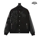Jaqueta Chrome Hearts Cross Patch Leather Sleeve Varsity Jacket Black