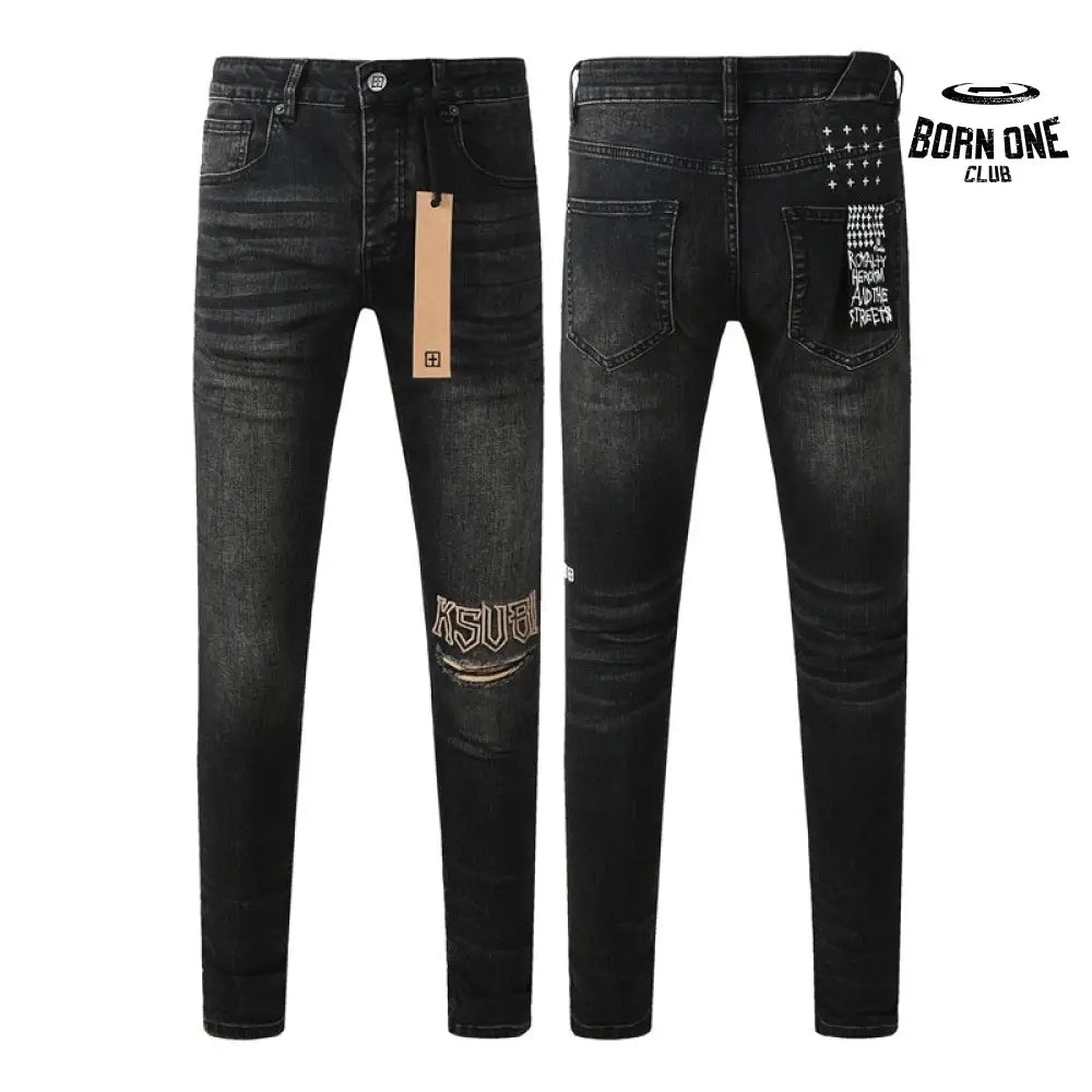 Calça Jeans Ksubi Preta Logo Bordado Joelho