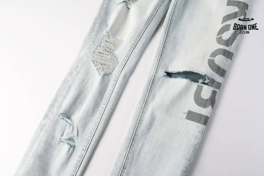Calça Jeans Ksubi Azul Claro Destroyed Logo Lateral