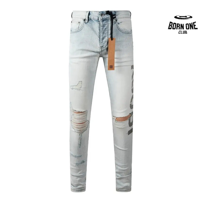 Calça Jeans Ksubi Azul Claro Destroyed Logo Lateral