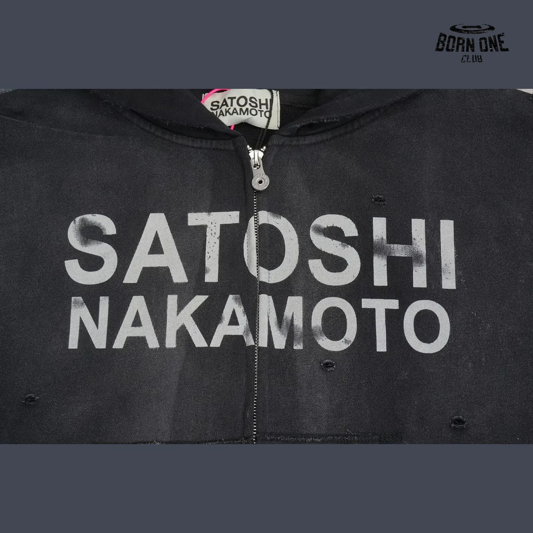Moletom Satoshi Nakamoto Distressed Logo Zip Up Hoodie Black