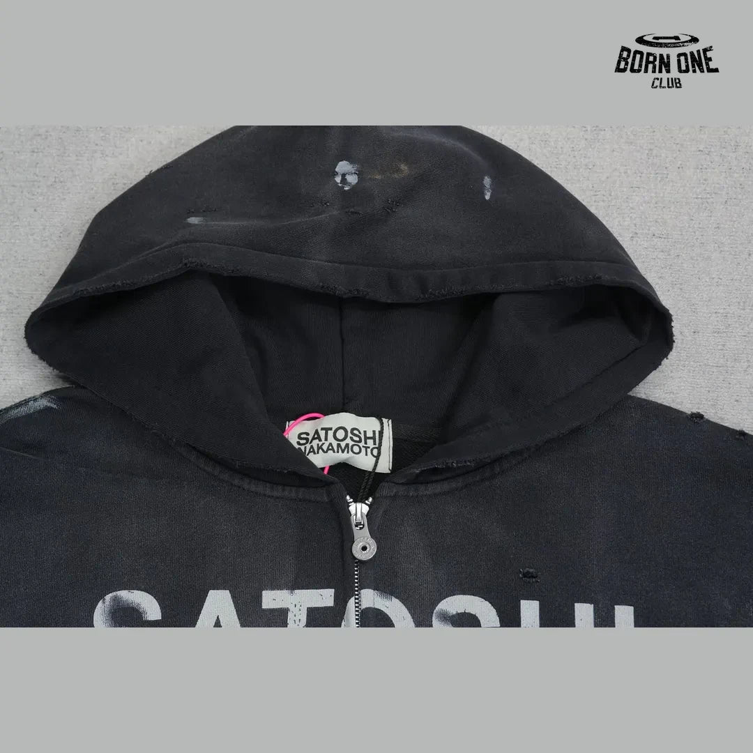 Moletom Satoshi Nakamoto Distressed Logo Zip Up Hoodie Black