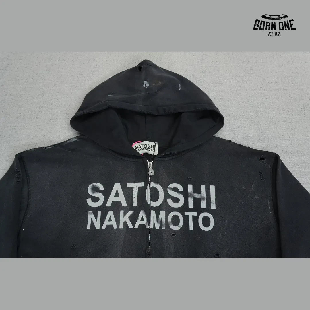 Moletom Satoshi Nakamoto Distressed Logo Zip Up Hoodie Black