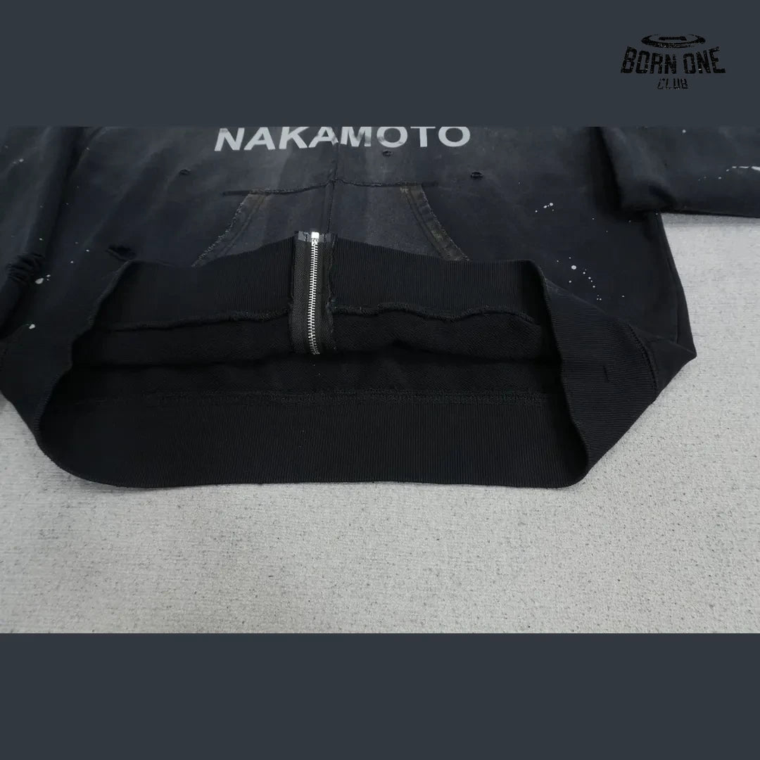 Moletom Satoshi Nakamoto Distressed Logo Zip Up Hoodie Black