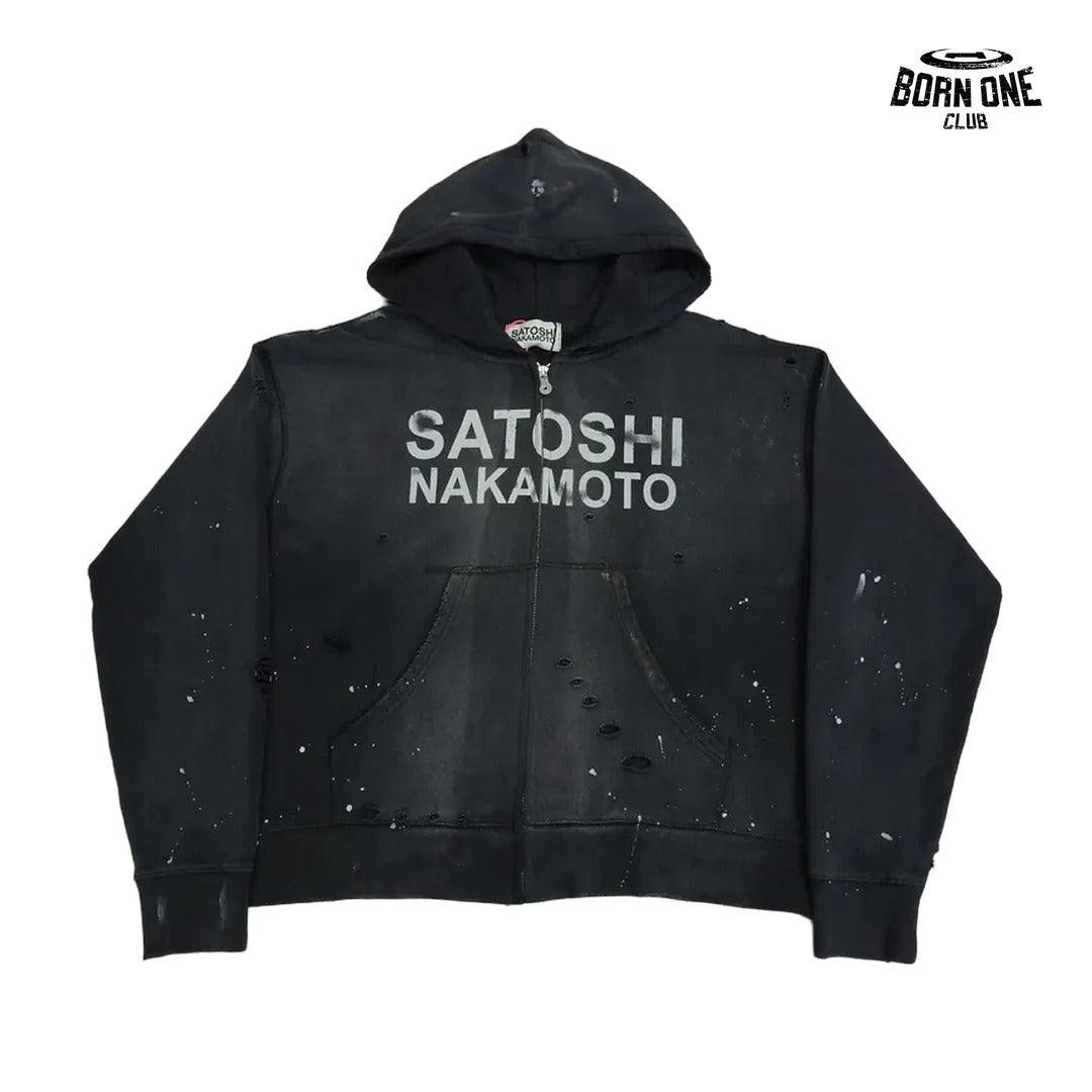 Moletom Satoshi Nakamoto Distressed Logo Zip Up Hoodie Black