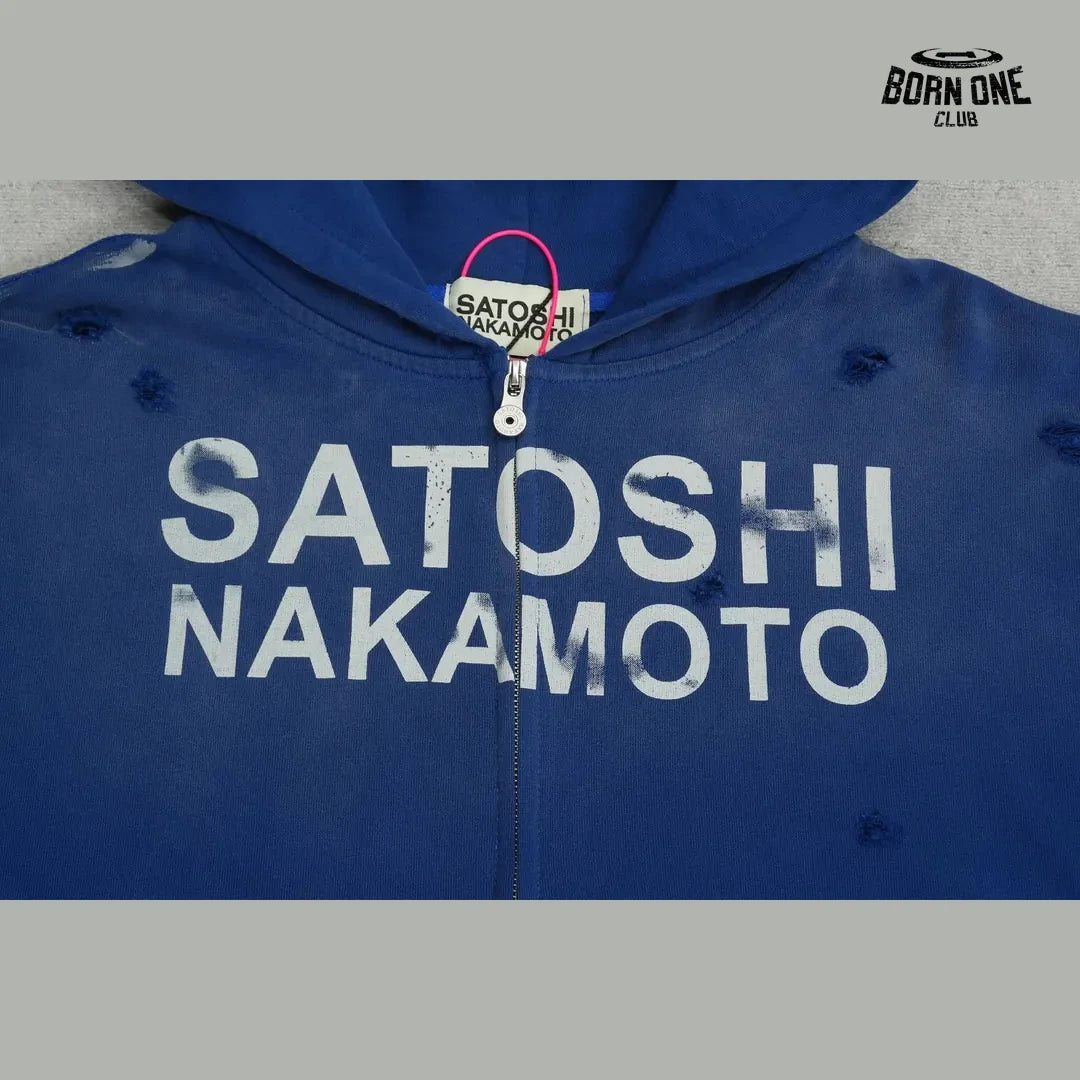 Moletom Satoshi Nakamoto Distressed Logo Zip Up Hoodie Blue