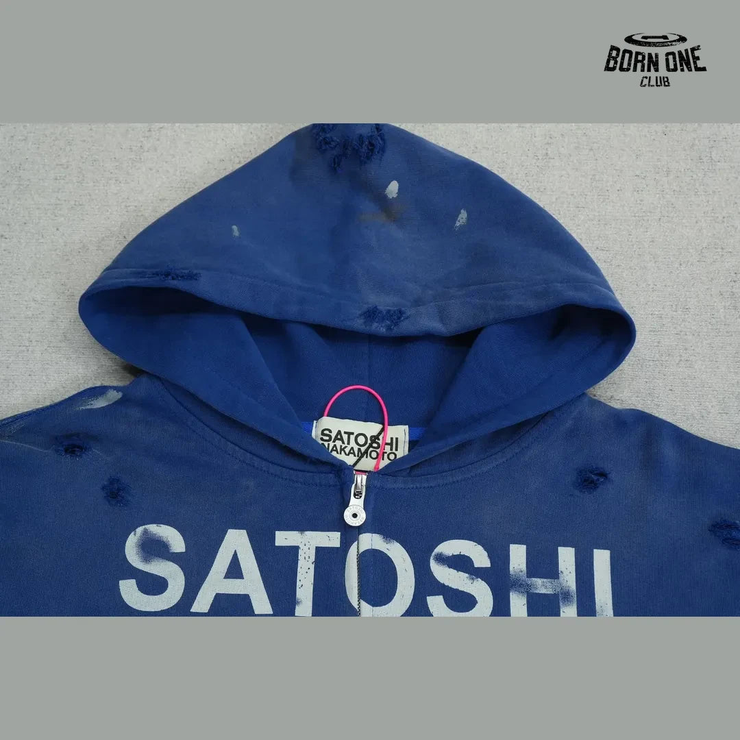 Moletom Satoshi Nakamoto Distressed Logo Zip Up Hoodie Blue