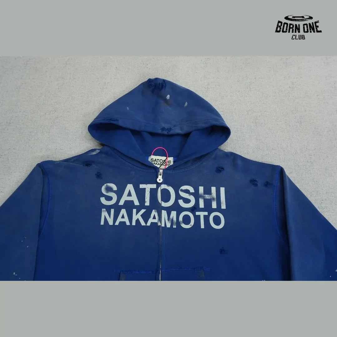 Moletom Satoshi Nakamoto Distressed Logo Zip Up Hoodie Blue