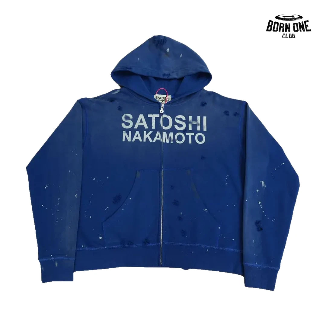 Moletom Satoshi Nakamoto Distressed Logo Zip Up Hoodie Blue