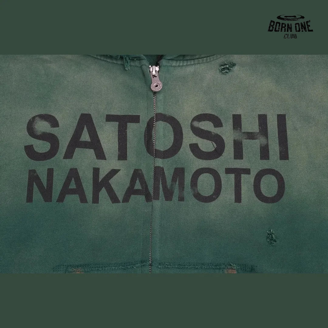 Moletom Satoshi Nakamoto Distressed Logo Zip Up Hoodie Green