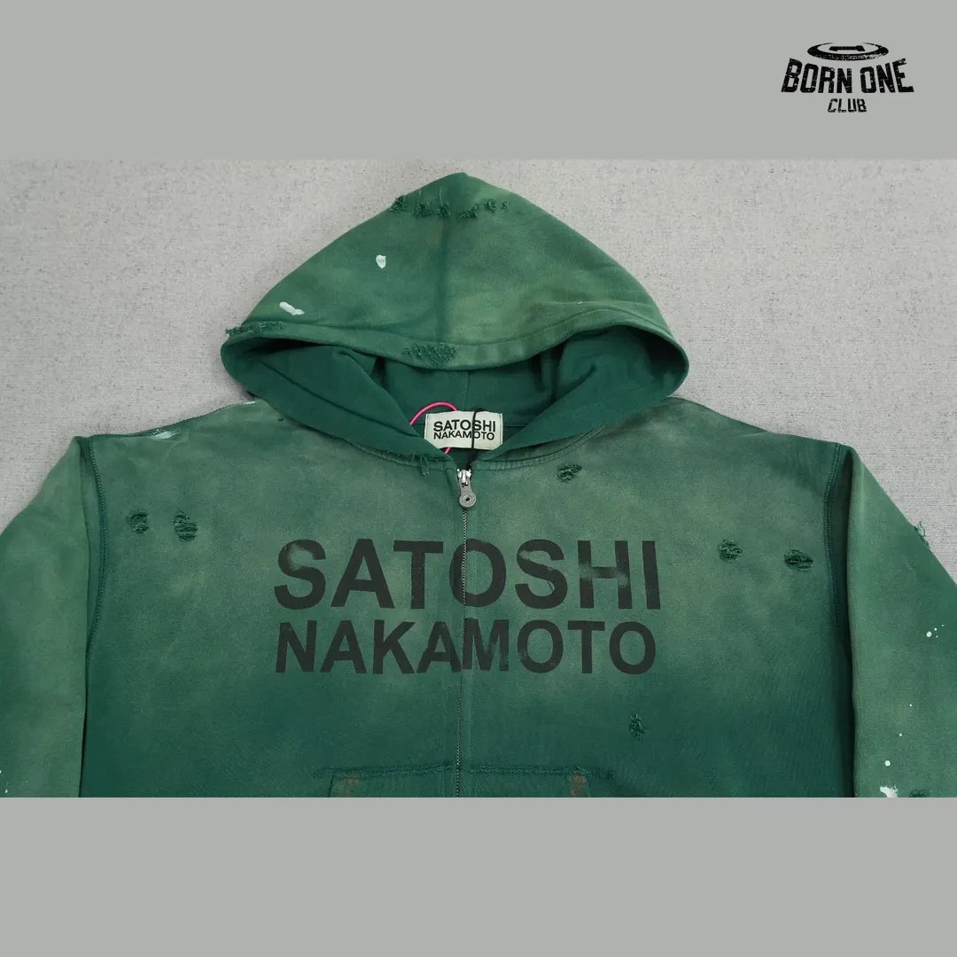 Moletom Satoshi Nakamoto Distressed Logo Zip Up Hoodie Green