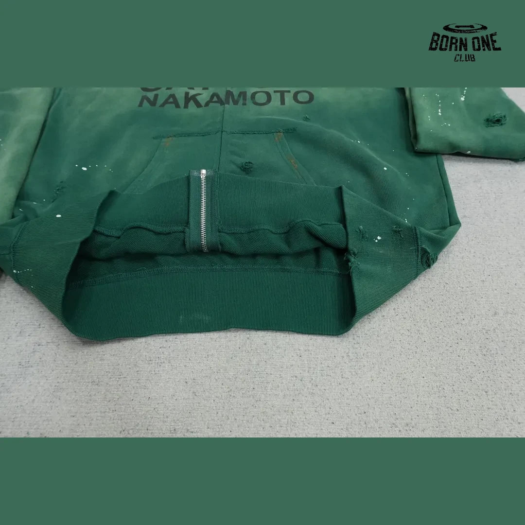 Moletom Satoshi Nakamoto Distressed Logo Zip Up Hoodie Green