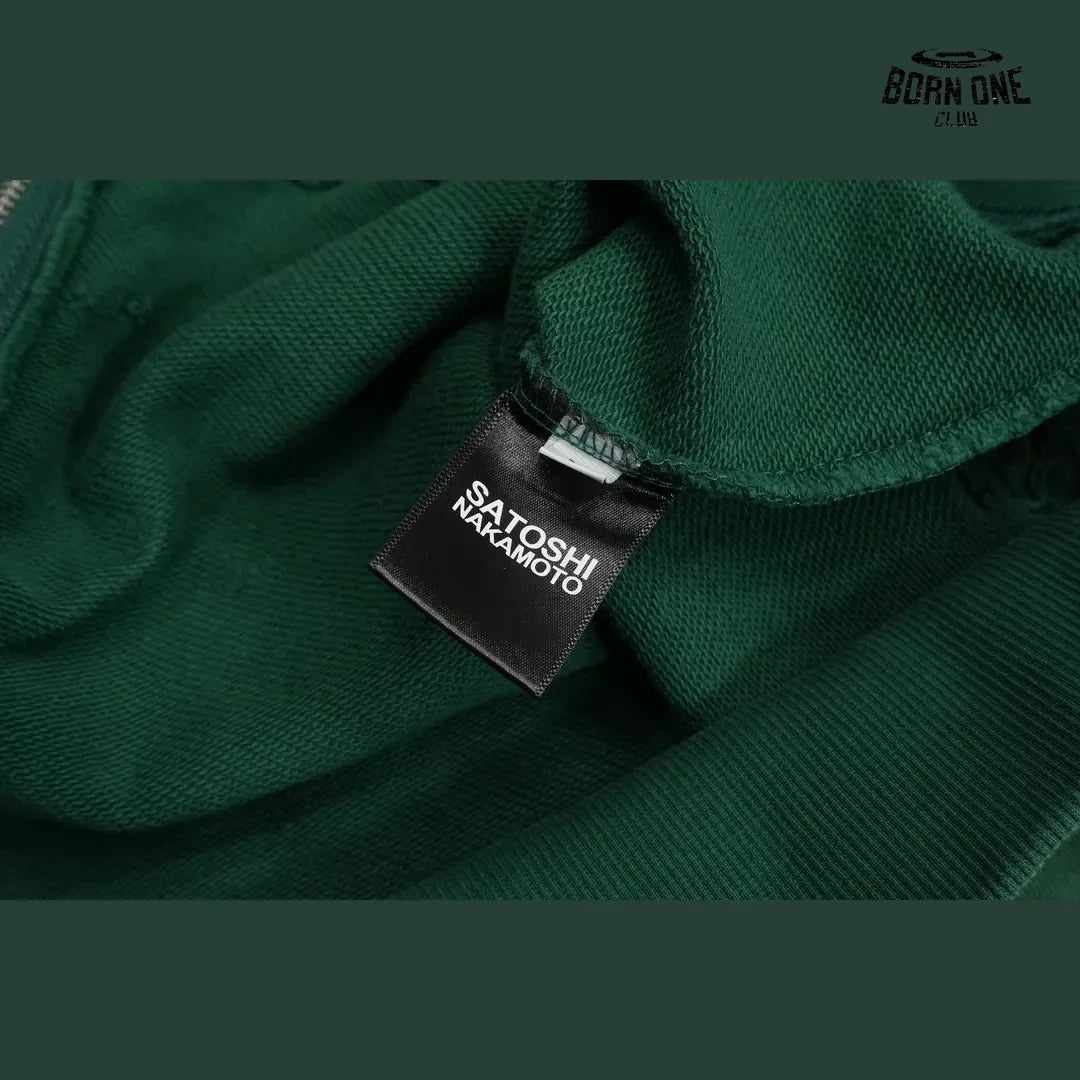 Moletom Satoshi Nakamoto Distressed Logo Zip Up Hoodie Green