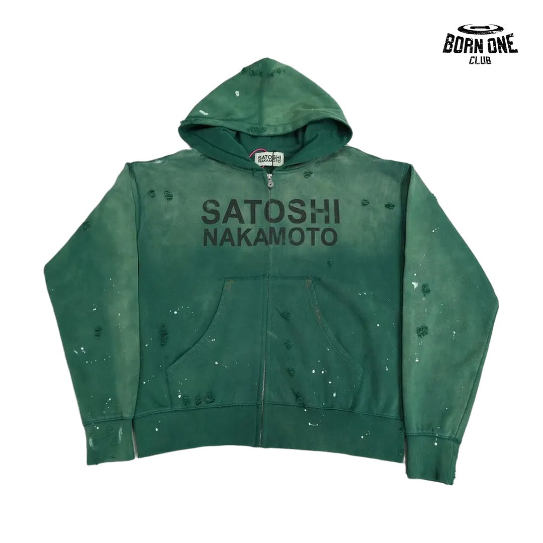 Moletom Satoshi Nakamoto Distressed Logo Zip Up Hoodie Green