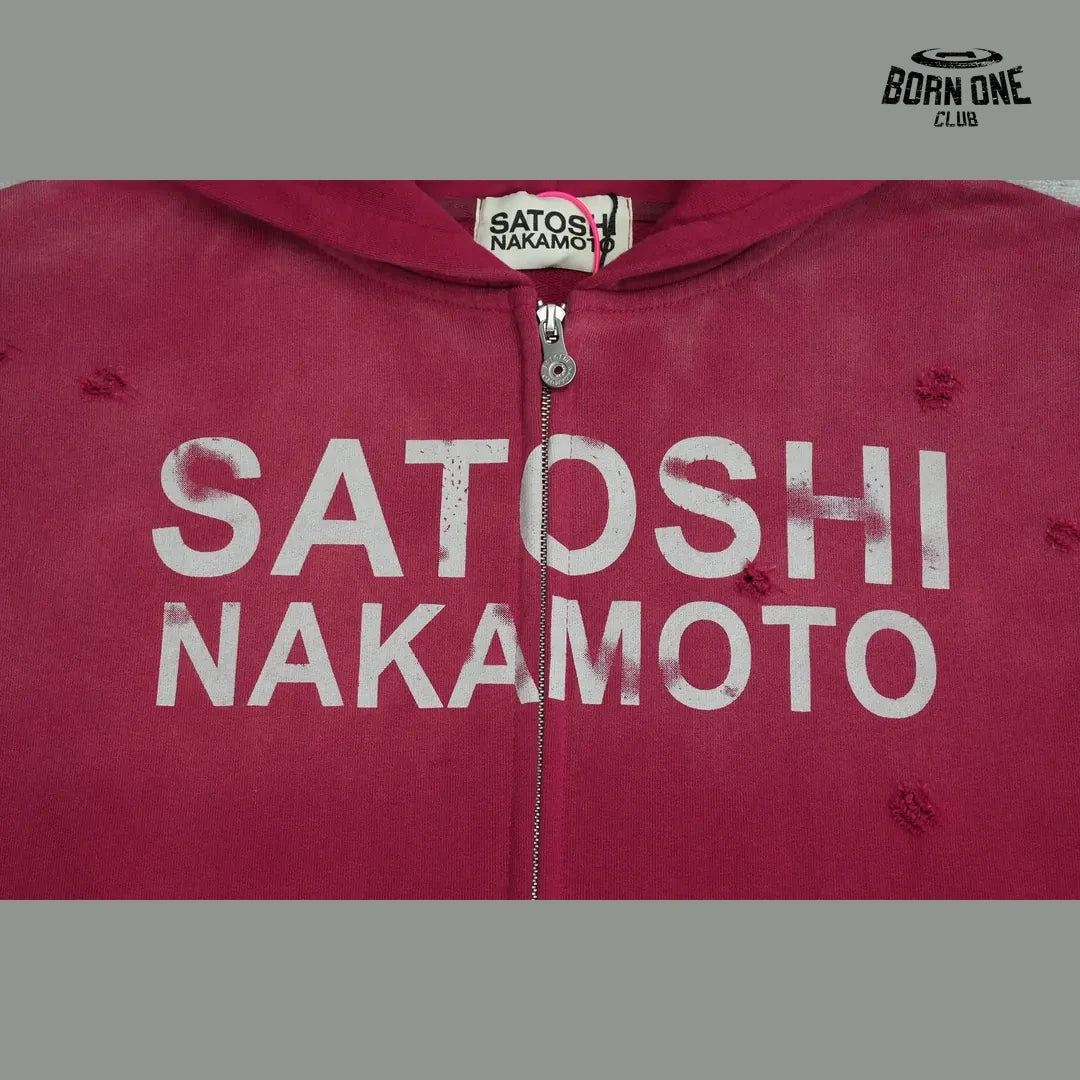 Moletom Satoshi Nakamoto Distressed Logo Zip Up Hoodie Red