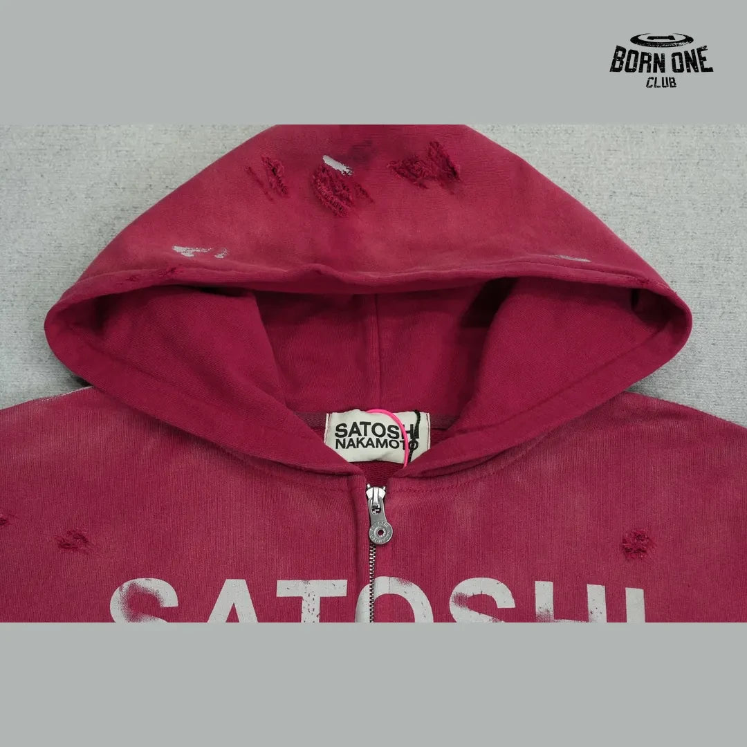 Moletom Satoshi Nakamoto Distressed Logo Zip Up Hoodie Red