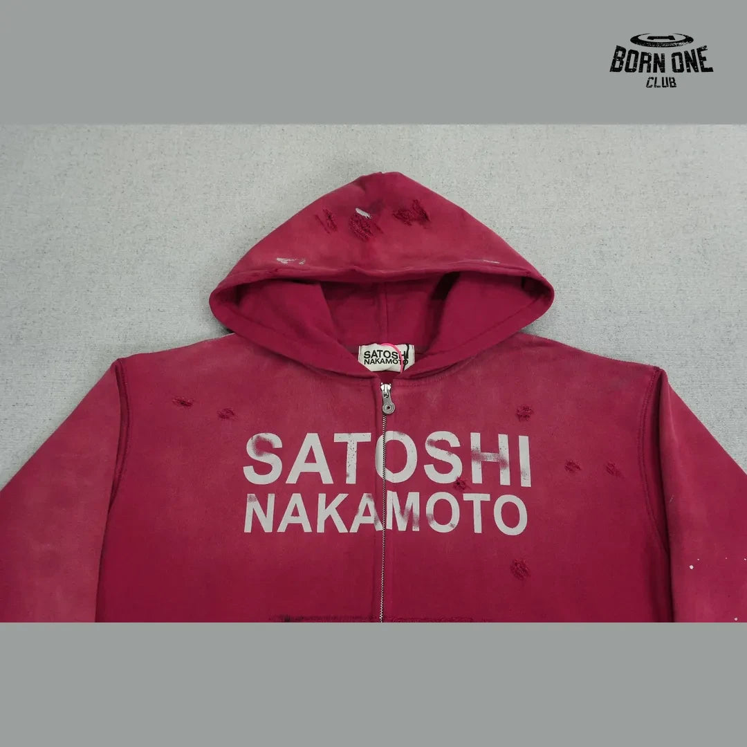 Moletom Satoshi Nakamoto Distressed Logo Zip Up Hoodie Red