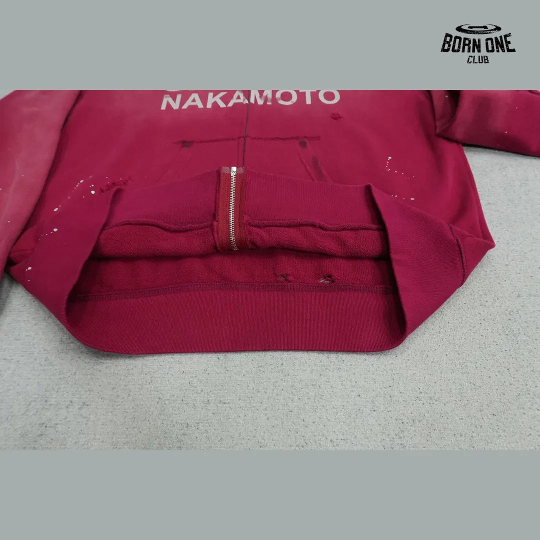 Moletom Satoshi Nakamoto Distressed Logo Zip Up Hoodie Red