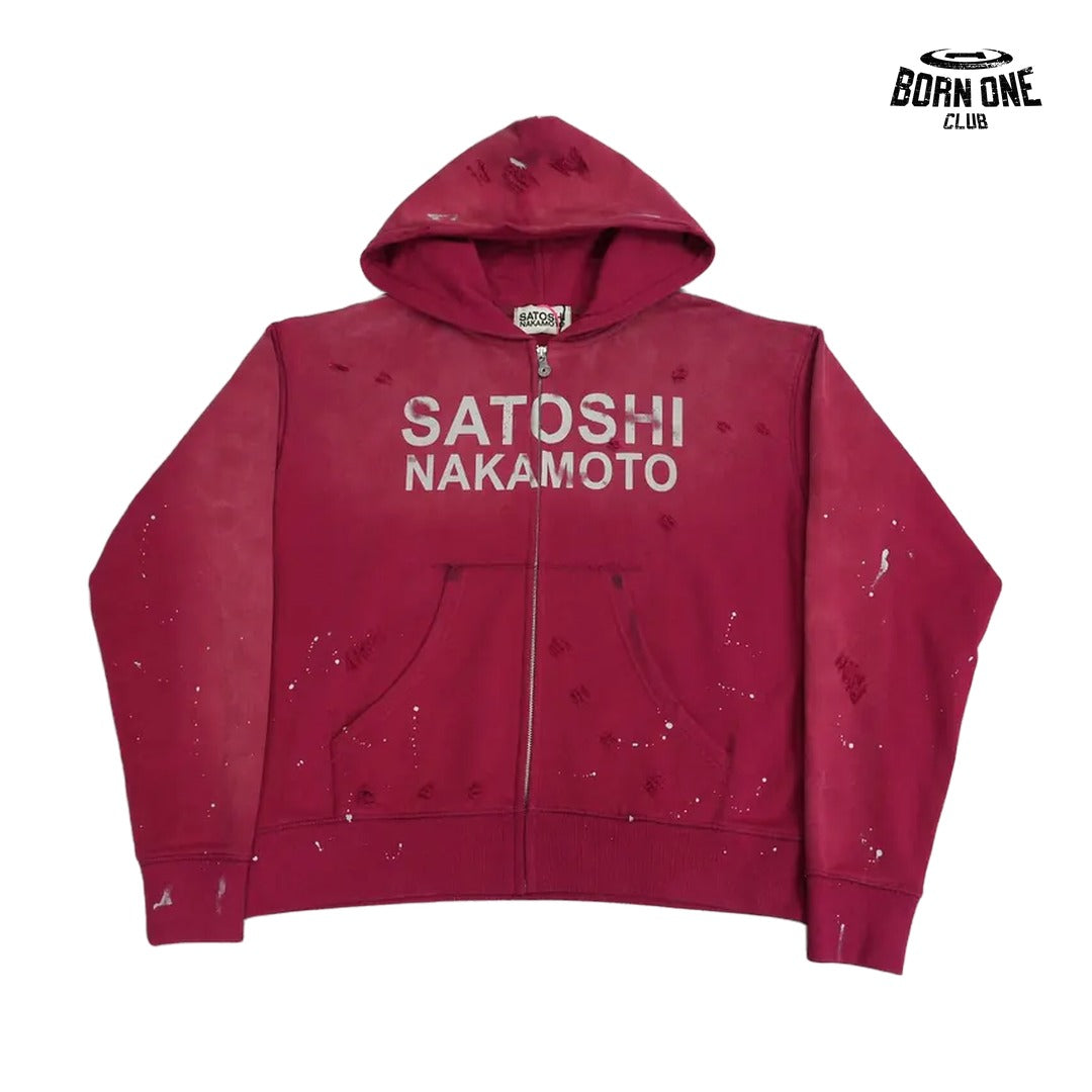 Moletom Satoshi Nakamoto Distressed Logo Zip Up Hoodie Red