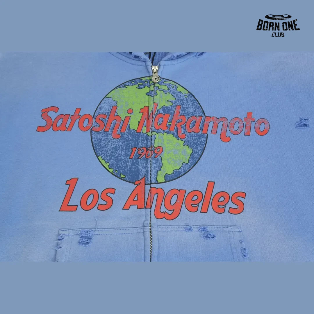 Moletom Satoshi Nakamoto Los Angeles Globe Zip Up Hoodie Blue