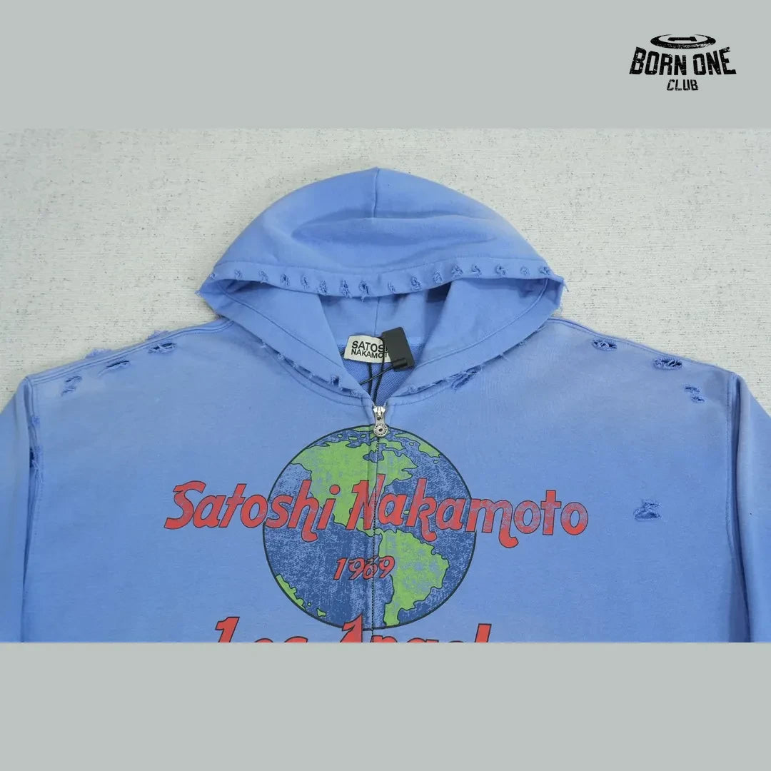 Moletom Satoshi Nakamoto Los Angeles Globe Zip Up Hoodie Blue