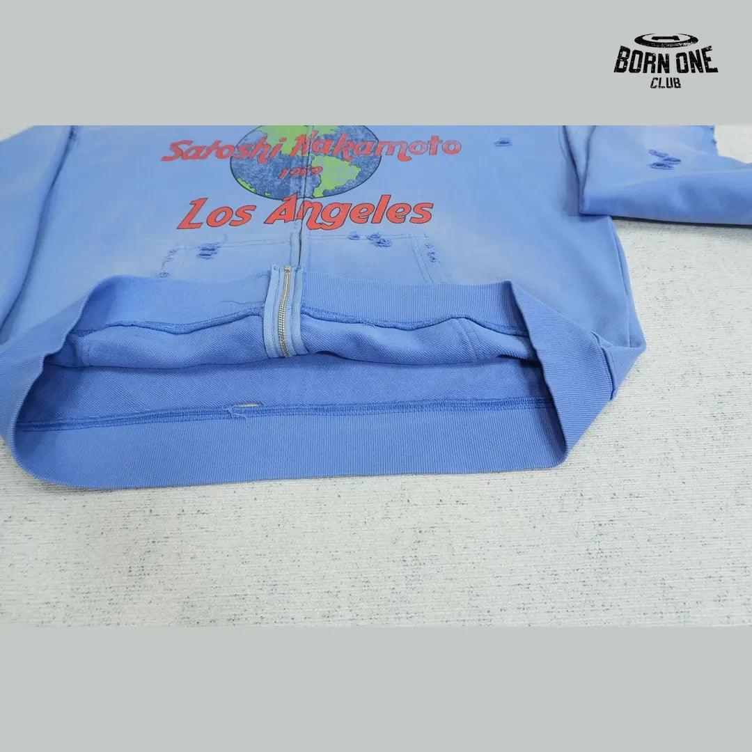 Moletom Satoshi Nakamoto Los Angeles Globe Zip Up Hoodie Blue