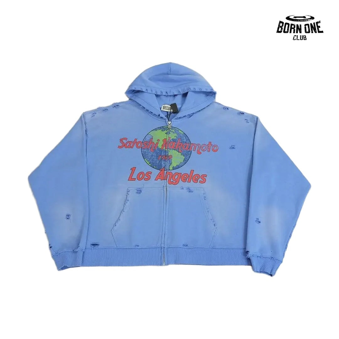 Moletom Satoshi Nakamoto Los Angeles Globe Zip Up Hoodie Blue