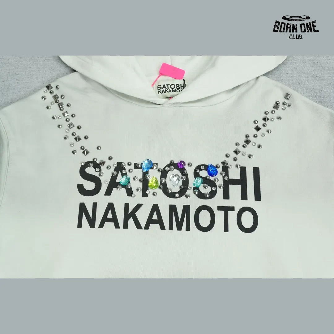 Moletom Satoshi Nakamoto Rhinestone Logo Hoodie White